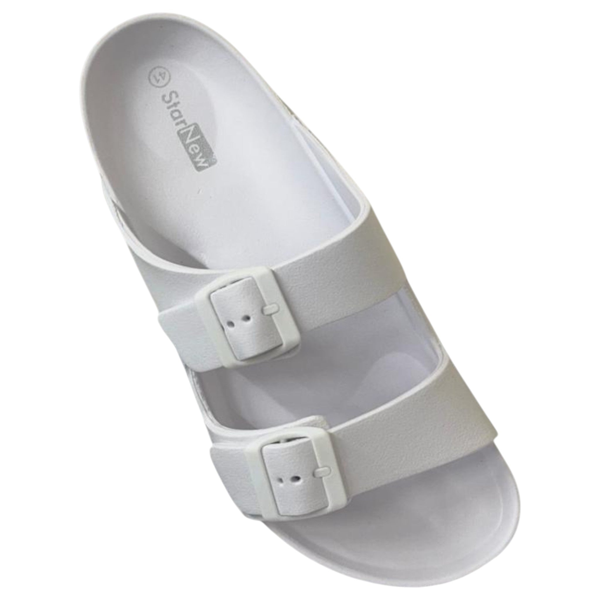 White Lightweight slip-on sandals with adjustable double buckle straps perfect for holiday's, beach and swimming pools